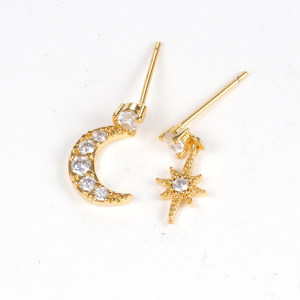10g Weight 18K Gold Plated Plating Material Zircon Inlay Material Drop Earrings Classification 1 Pair Quantity Daily, Street Occasion Copper Material Star, Moon Pattern Women's Gender Asymmetrical, Plating, Inlay Design IG Style Style 1 Pair Ig Style Star Moon Asymmetrical Plating Inlay Copper Zircon 18k Gold Plated Drop Earrings 10
