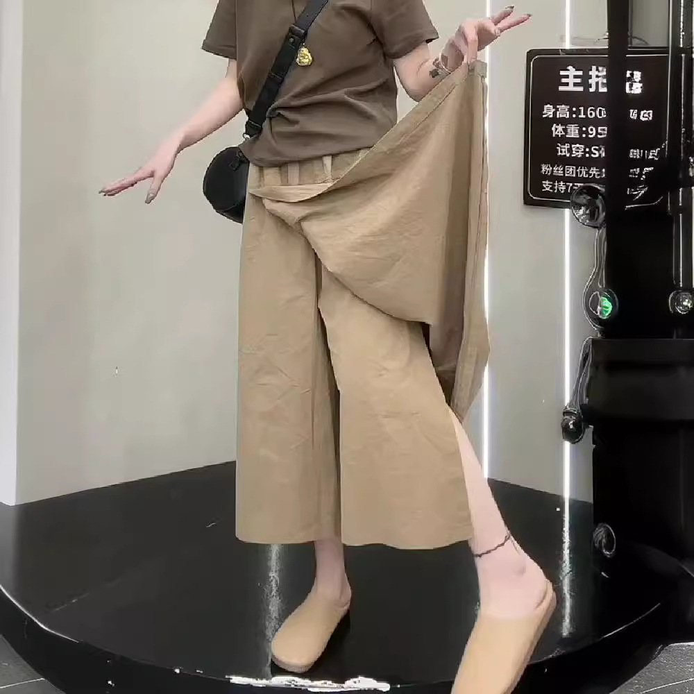 plus size Women's Summer Thin High Waist Loose Split Culottes chubby girl Small Figure Slimming Eight-point Casual Wide-leg Pants