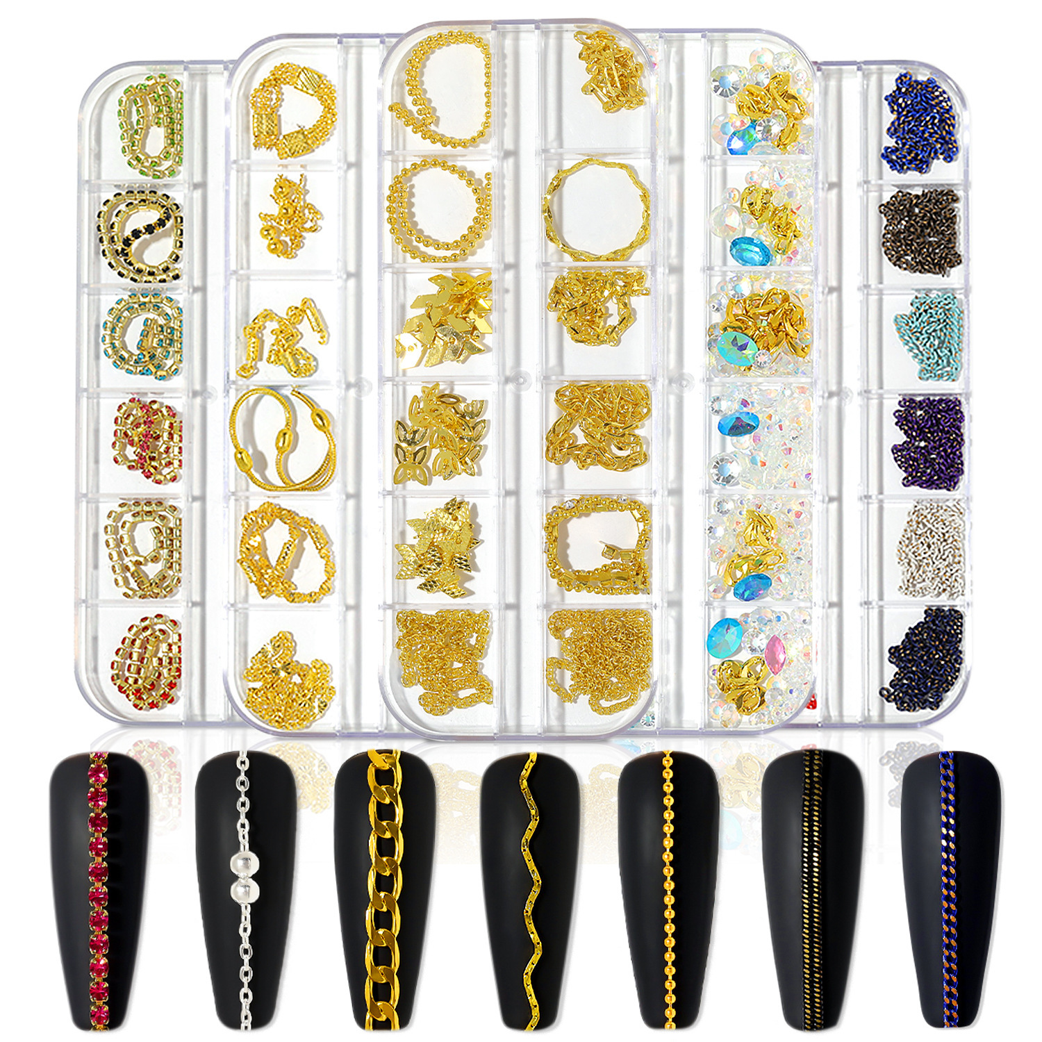 Nueva Venta caliente joyería de uñas ins pequeña cadena 12 en caja de oro y plata cuentas de acero DIY decorativo pegatinas de uñas cadena de metal