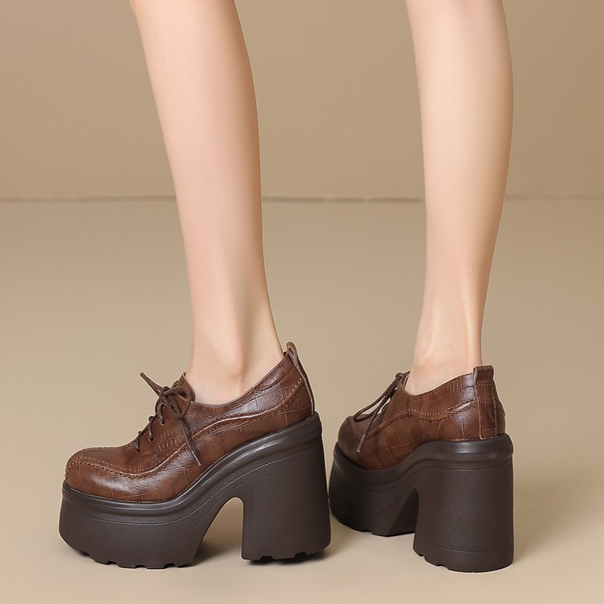 Giày loafer nữ đế xuồng cao gót 12 cm, mũi sâu buộc dây, da bò thật — màu nâu, màu đen