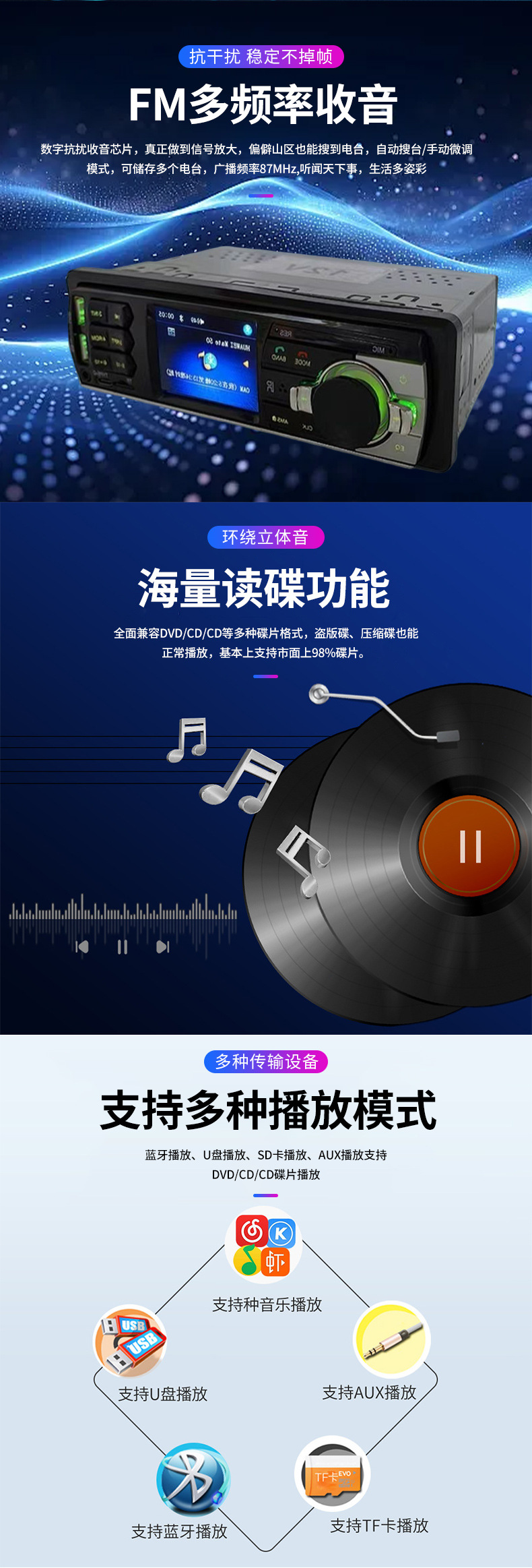 2.4inch Display Screen Car Mp3 Player with Bluetooth, Usb, Card Slot, Radio, Hands-Free Calling, Aux Input, Cd Player