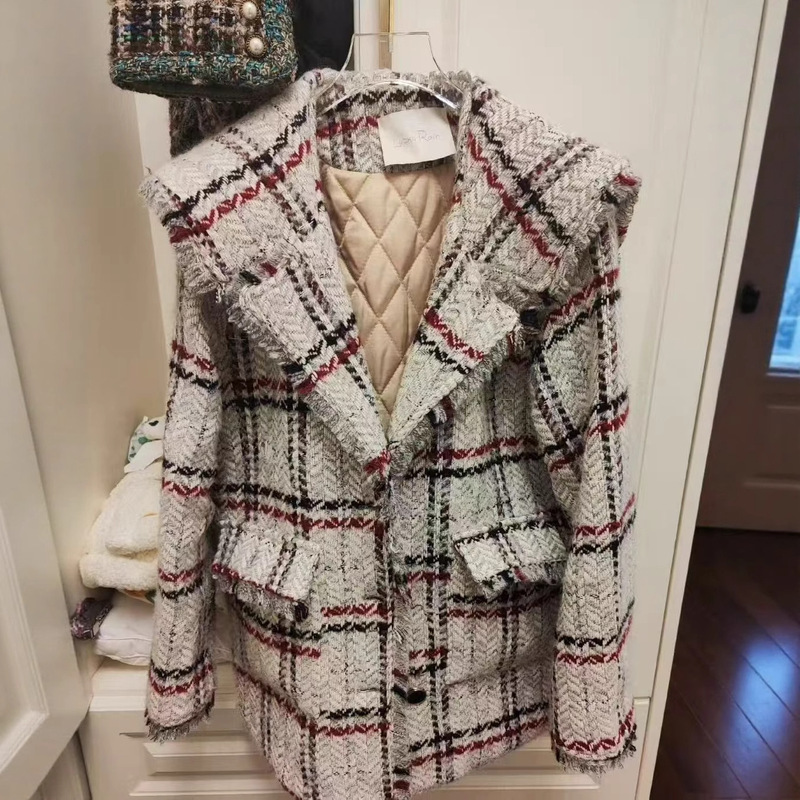 Tweed Style Woven Pink Small Plaid Autumn Wool Tweed Fabric Jacket