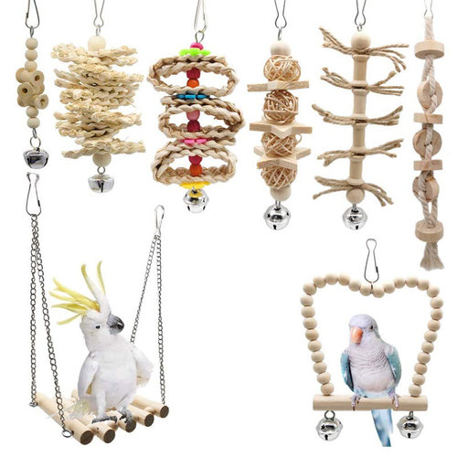 Parrot Toy Set with Perch Swing Bird Toys 8-Piece Natural Wood Color Bird Accessories for Biting Birds