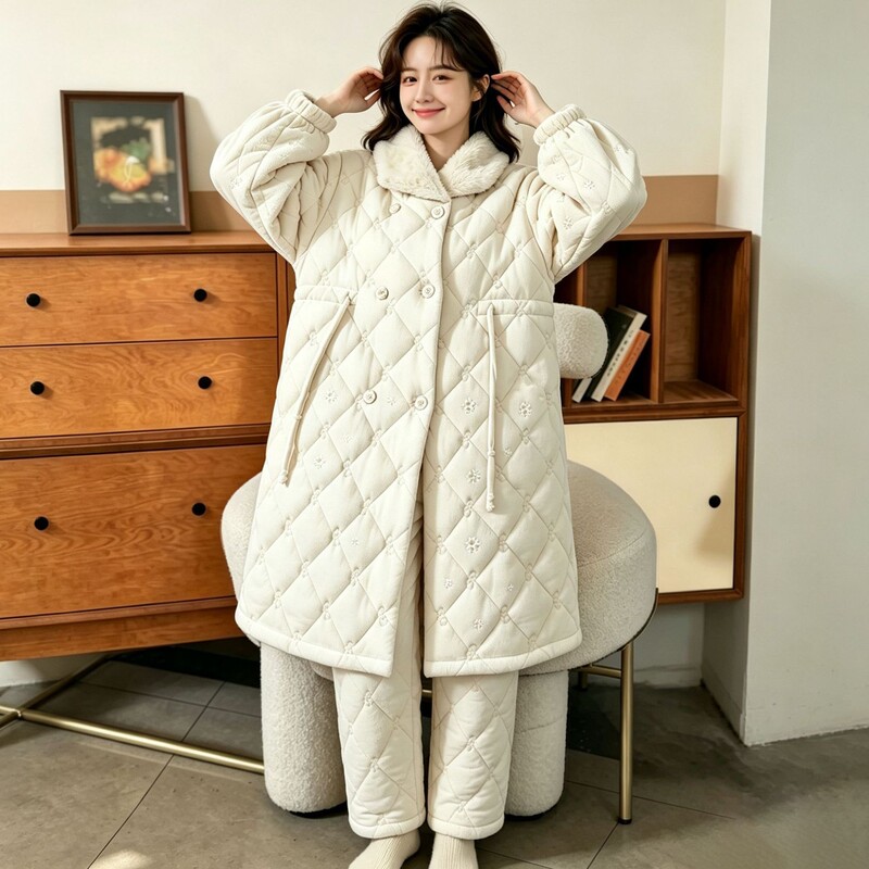 Winter three-layer quilted long pajamas for women with plush collar, loose and warm, two-piece home set, direct from the factory (Dragon)
