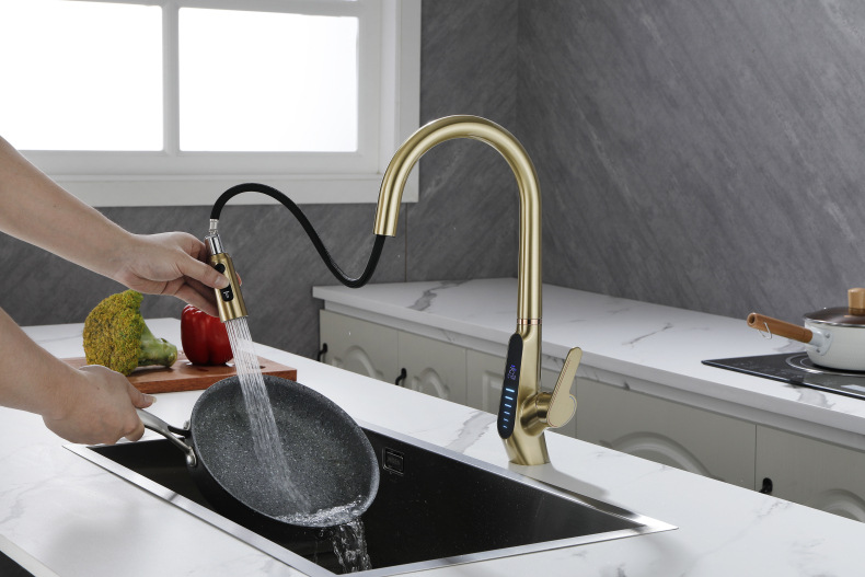 Konishi hydroelectric power digital display kitchen faucet pull-out sink faucet with brushed gold color Item Picture