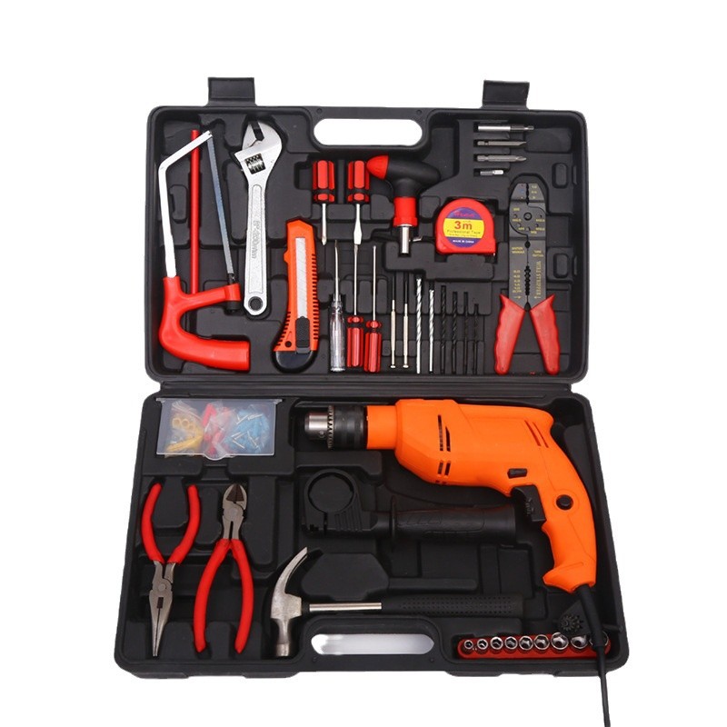 Taladro de mano para el hogar multifunción taladro de impacto traje taladro eléctrico pequeña caja de herramientas conjunto pistola de mano taladro personalización