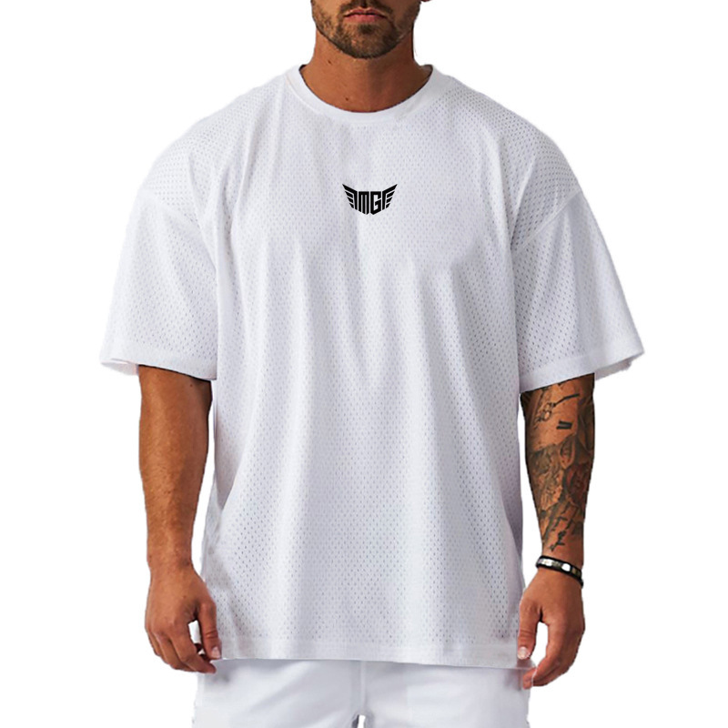 New cross-border foreign trade men's fitness sports top casual round neck mesh breathable quick-drying half sleeve rolled iron T-shirt