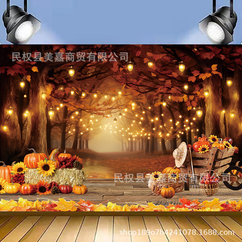 Amazon Autumn Thanksgiving Photography Background Cloth Foreign Trade Simulation Wooden Board Pumpkin Maple Leaf Decoration Banner Supplies