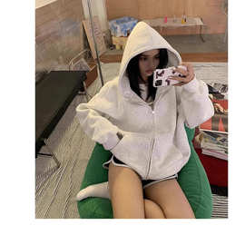 原创美式复古高街连帽卫衣女秋oversize休闲慵懒风拉链开衫外套
