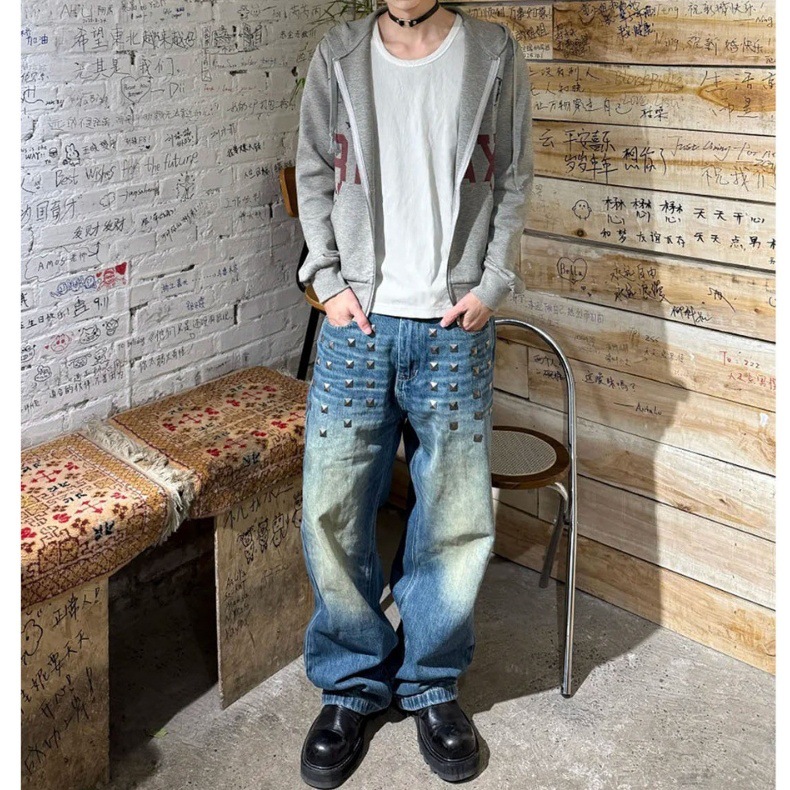 Vintage Washed Baggy Jeans For Men & Women – Distressed Denim With Cat Whisker & Studded Details (Blue, S-3XL)​_mkmklike.com