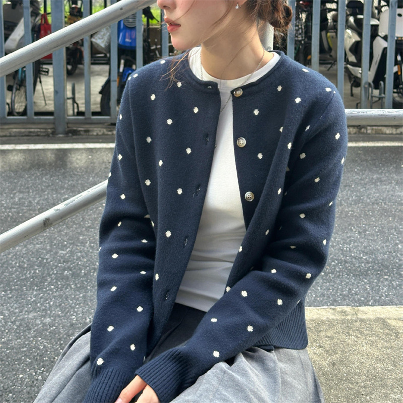 Korean-style college-style gentle and casual top, polka dot blue knitted cardigan, women's sweater coat for autumn and winter