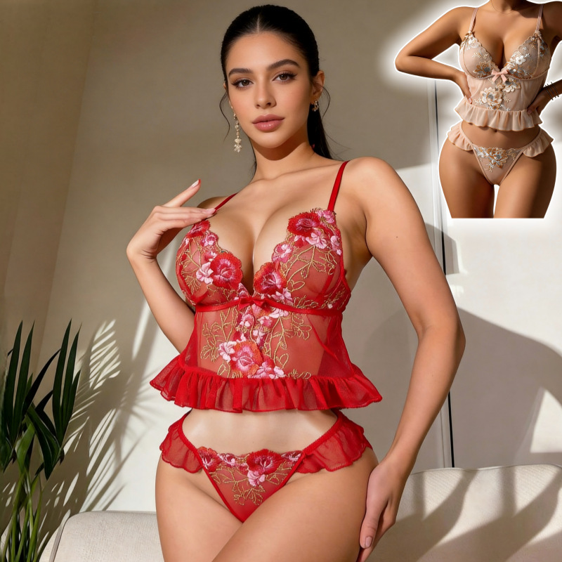 Foreign Trade European and American Style Sexy Heavy-Duty Embroidered Lace Soft Cup Camisole Lingerie Set Factory Original Cross-Border