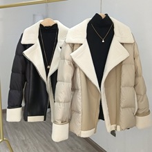 2022冬季新款韓版羊羔毛拼接短款西裝領白鴨絨羽絨服女加厚外套潮
