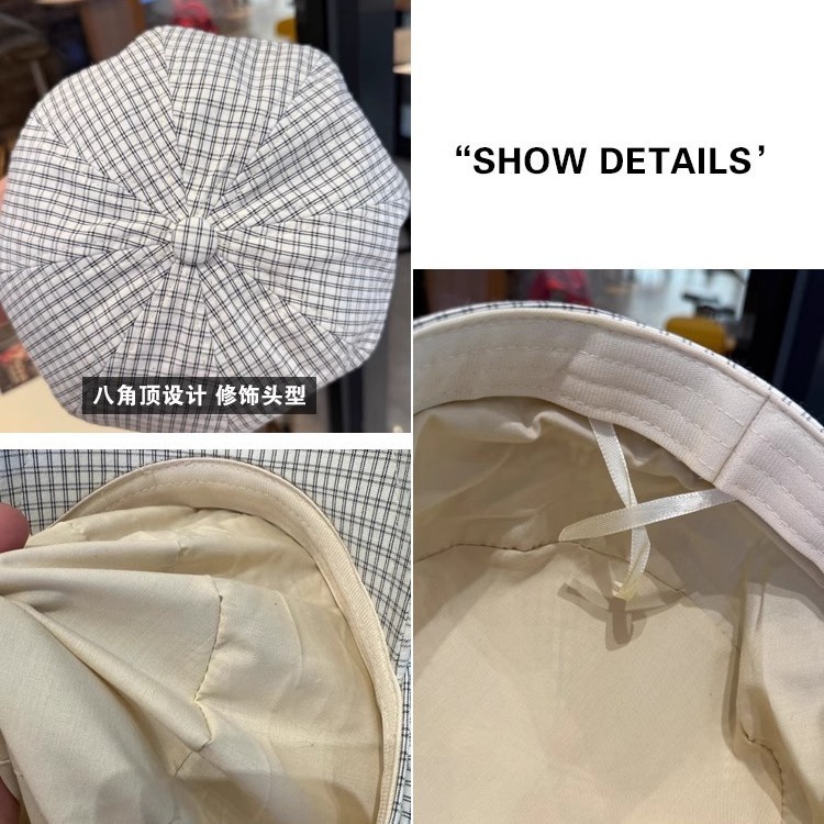 多用途でファッショナブルなチェック柄の八角形帽子、春と夏の薄いスタイルのペインターハット、大きな頭囲、英国のレトロなベレー帽|undefined