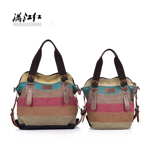 2024 new cross-border supply European and American retro canvas handbag women's rainbow stitching large capacity crossbody shoulder bag