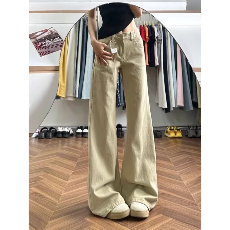 가을 여성을 위한 아메리칸 카키 마이크로 플레어 청바지 새로운 스타일 다용도 루즈 슬리밍 로우 웨이스트 와이드 레그 바닥 길이 바지