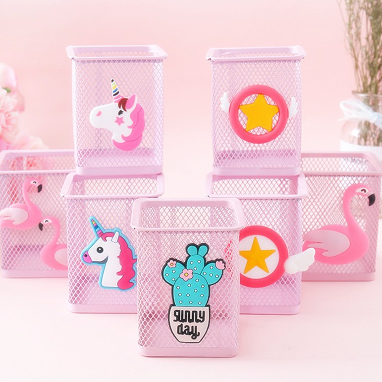 PVC cartoon unicorn pink hollow pen holder multifunctional office desk school supplies stationery storage