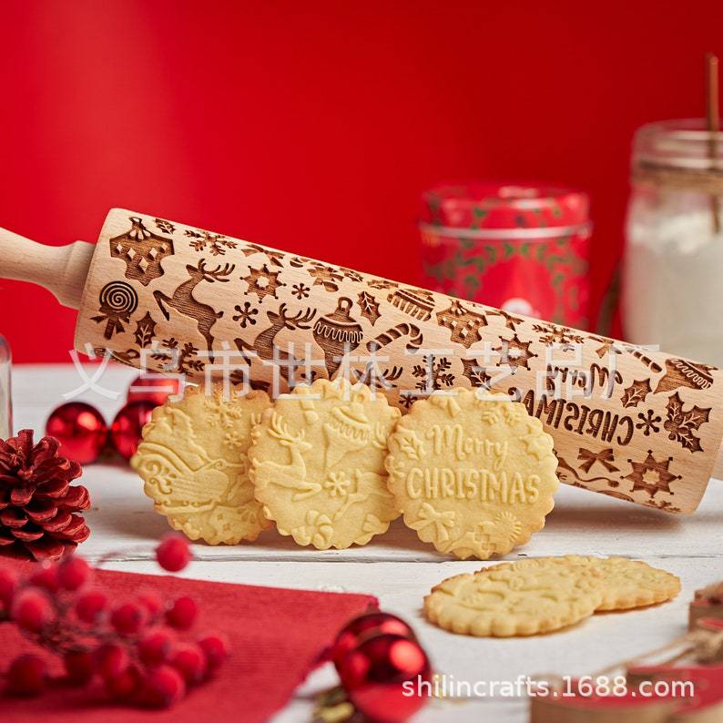 Santa Claus patrón de Navidad Rolling pin grabado láser Rolling PIN de madera en relieve Rolling pin regalo de Navidad image 4