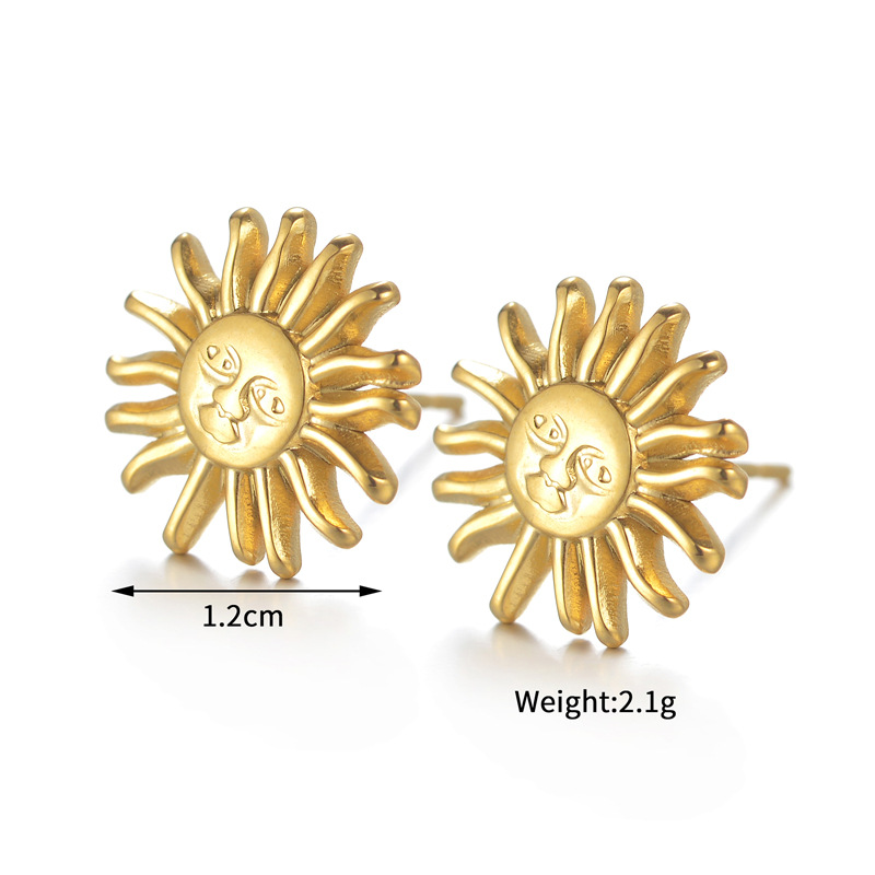 Holiday, Daily Occasion PVD Coated Real Gold Plated 18K Gold Sun Moon 304 Stainless Steel Vintage Style Classic Style Waterproof Non Tarnish Small Stud Earrings