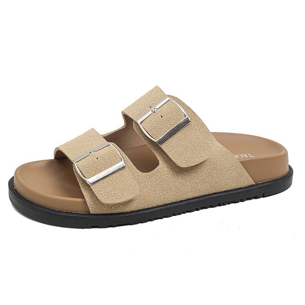 Dép sandal nữ quai ngang khóa đôi đế dày phong cách retro, mang ngoài trời — Màu Kaki, Màu trắng sữa, Màu đen
