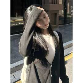 感设计针织开衫女秋冬v领长袖上衣毛衣外套学院风假两件韩系慵懒