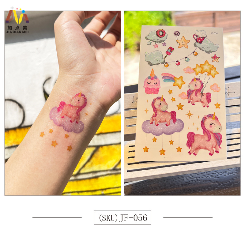 Amazon Venta caliente brillo lindo postre de Navidad unicornio niños tatuaje pegatinas impermeable tatuaje de larga duración