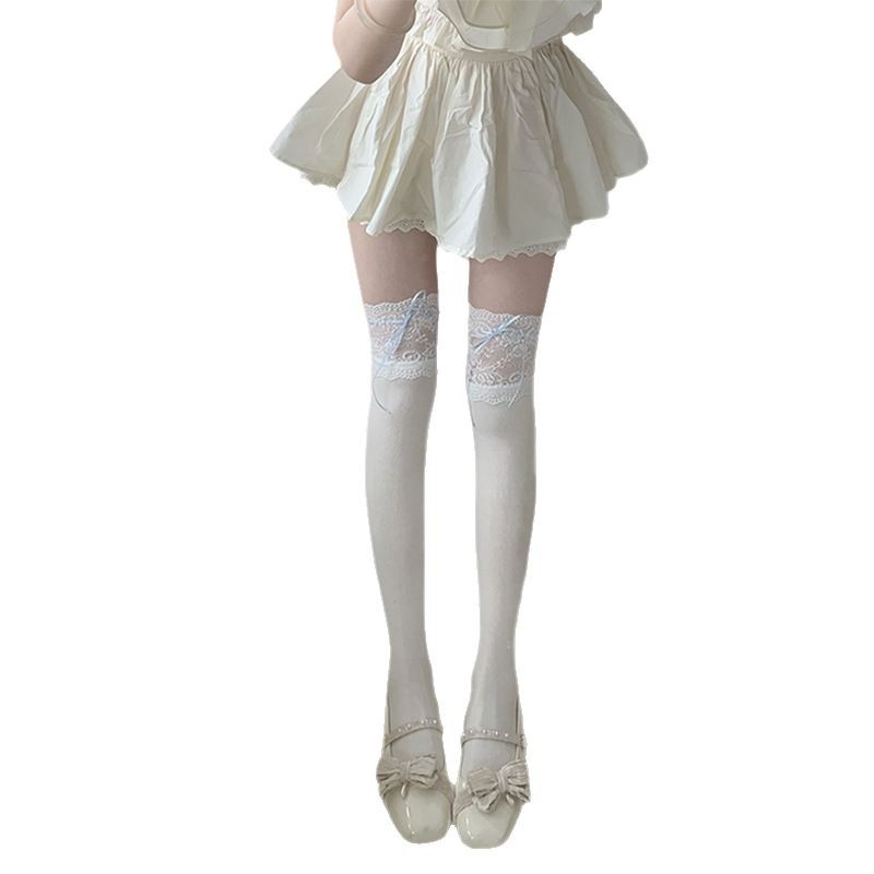 Japón blanco encaje calcetines de pantorrilla Lolita cinturón de cinta rodilla calcetines anti-deslizante