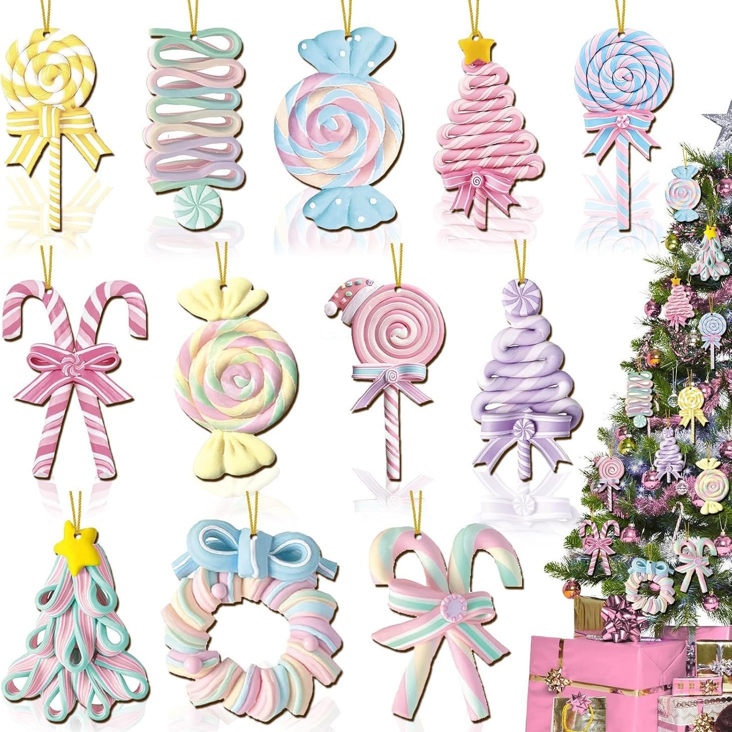 圣诞粉彩糖果饰品棒棒糖圣诞树木制装饰品薄荷糖果手杖悬挂木标志