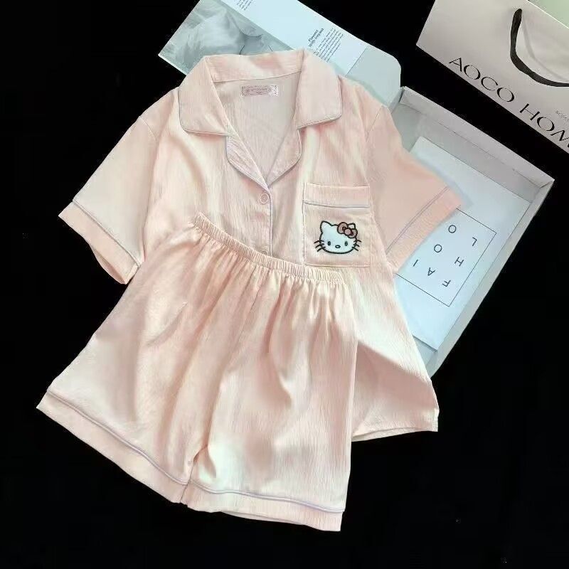 ピンク KT 猫パジャマ夏の女性の純粋な綿半袖ショーツ甘い雲綿夏は家の服セットの外で着用できます|undefined