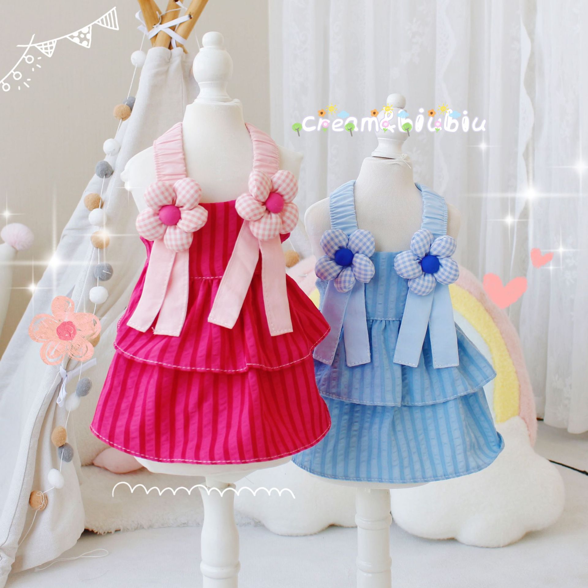 奶油布布寵物衣服狗狗貓咪春夏薄款可愛花朵吊帶連衣裙子泰迪比熊