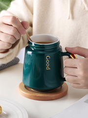 Ceramic Cup for Women with Lid, Household Large Mouth Couple Drinking Cup, Coffee Cup, High-Quality Tea Cup