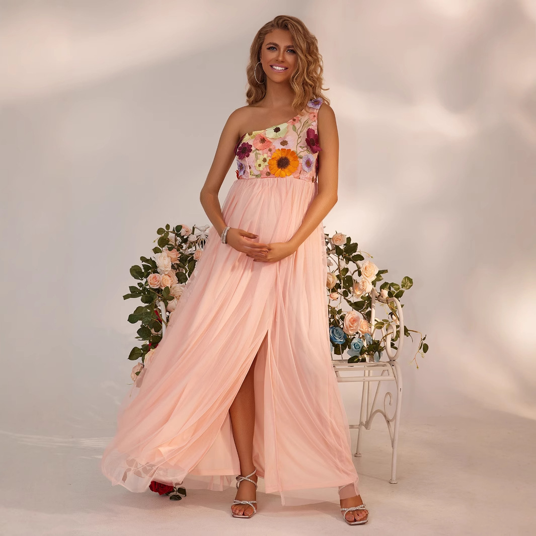 2026 Summer Women's Fashion New Sexy Flower Embroidery Single Shoulder Split Hem Maternity Evening Dress_ecoleips.com