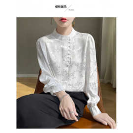 轻国风白色真丝衬衫女职场穿搭春季长袖立领衬衣中式印花通勤上衣