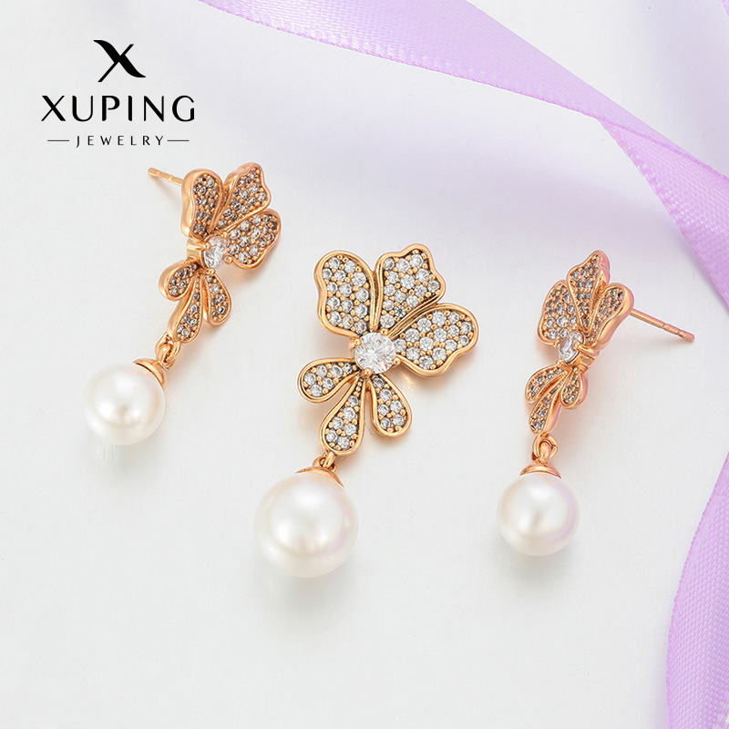 Xuping nicho retro aretes colgante conjunto de joyería aleación de cobre imitación de flores de perlas bordel joyería al por mayor mujeres