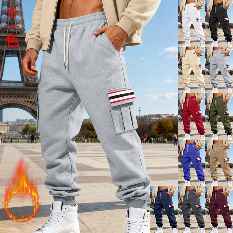 跨境外贸美式秋冬抓绒男式工装裤男士多口袋拼条纯色运动休闲长裤