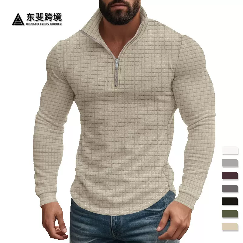 跨境男装春秋款小方格卫衣立领半截拉链长袖提花男款上衣潮流百搭