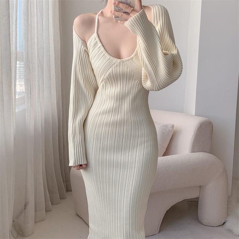 Retro Sexy Slim-fit long sling halter dress autumn knitted cardigan long sleeve shawl two-piece suit skirt
