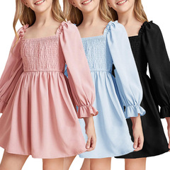 2023跨境新款歐美方領燈籠袖荷葉邊大擺連衣裙高腰花邊女童短裙