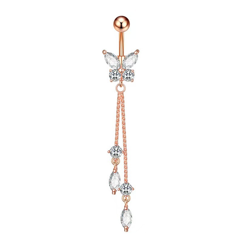 Bague de piercing nombril simple en zircon, ornée de pierres incrustées, papillon et cœur. Vente en gros de clous de nombril. Facile à porter._voghion.com