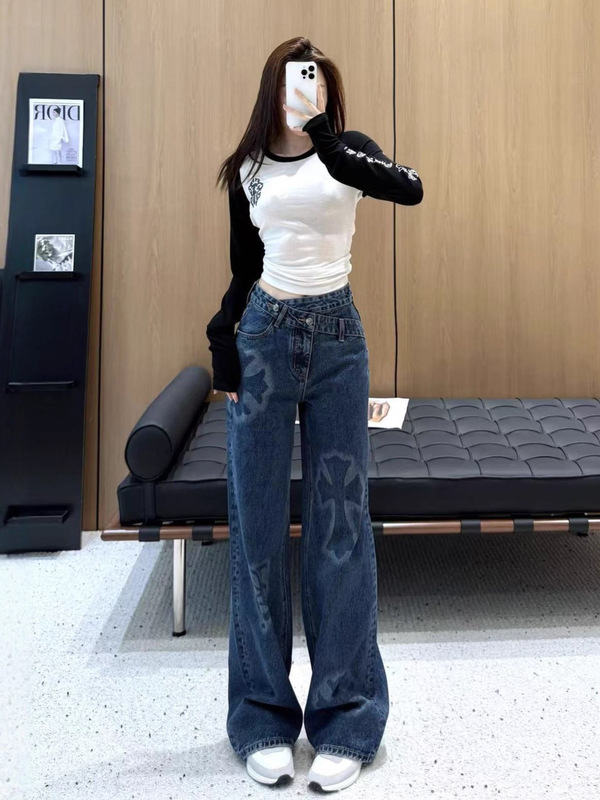 潮流时尚重工牛仔裤女绝美超好搭阔腿长裤南油秋季遮肉显瘦直筒裤|undefined