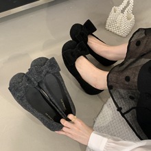 日韩甜美芭蕾舞鞋浅口平底鞋毛呢子蝴蝶结淑女单鞋2025春秋