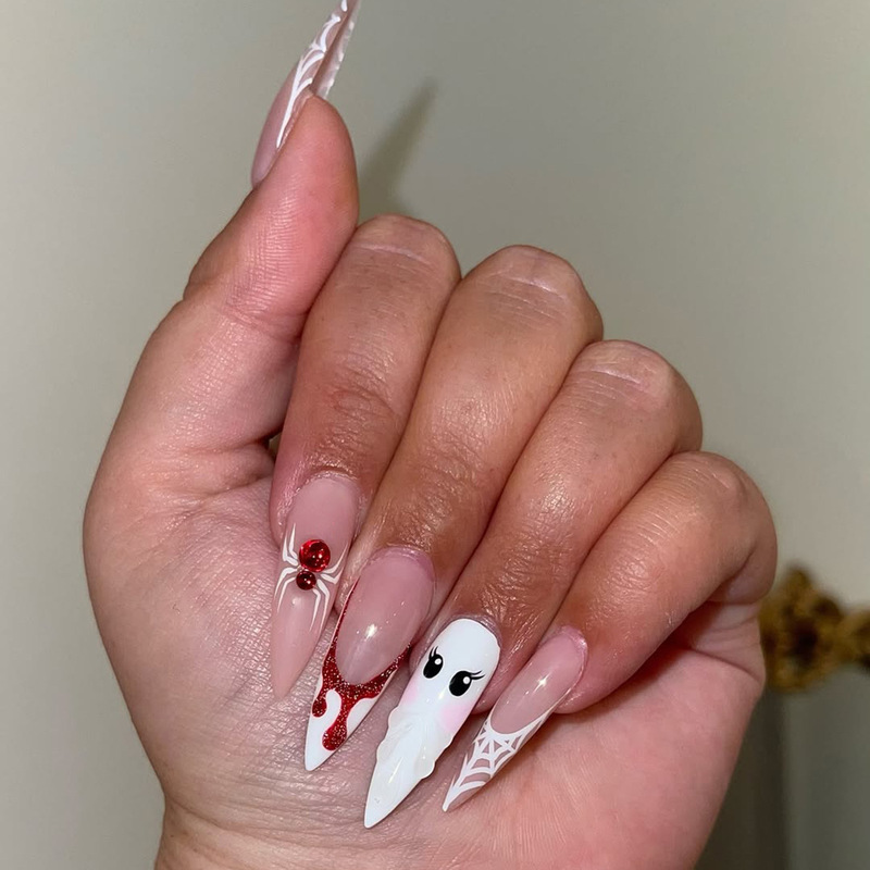 Cross-Border Hot Selling European and American Halloween Wear White French Edge Blood Drop Spider Long Tip Fake Nails Nail Stickers Wholesale