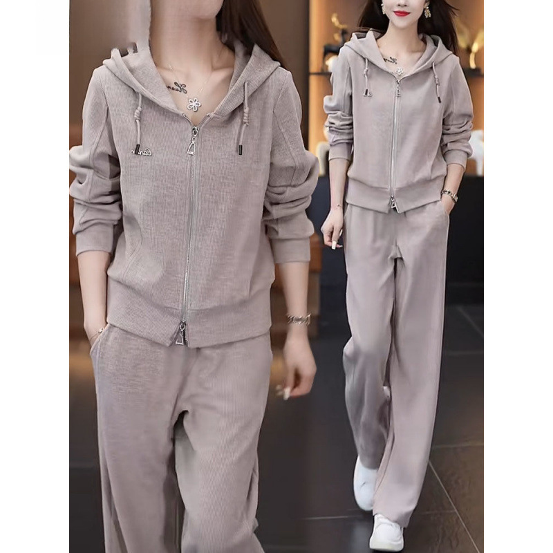 春秋款时尚休闲运动服套装女春秋季新款洋气连帽卫衣阔腿裤两件套|undefined