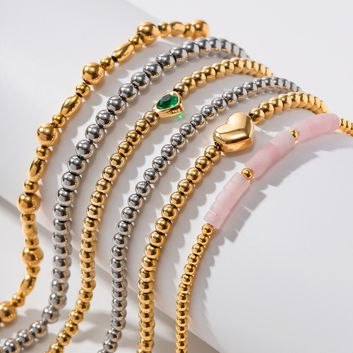 INS-style trendy titanium steel bracelet 16k gold round bead green heart zirconia bracelet, colorfast accessories wholesale