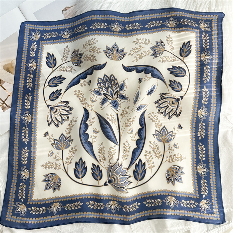 Autumn and Winter New Silk Scarf Blue Floral 100% Mulberry Silk Scarf Women's Neck Scarf High-End Decorative Scarf