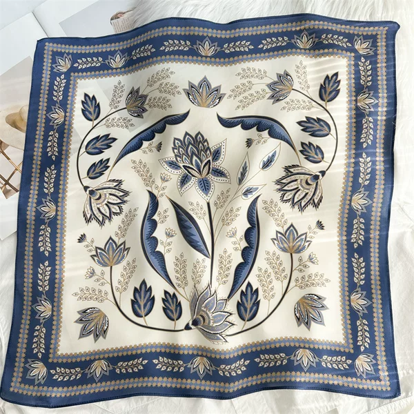 Autumn and Winter New Silk Scarf Blue Floral 100% Mulberry Silk Scarf Women's Neck Scarf High-End Decorative Scarf