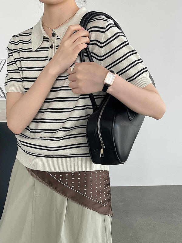 滔川   复古条纹翻领条纹针织短袖女休闲POLO领上衣YL527|undefined