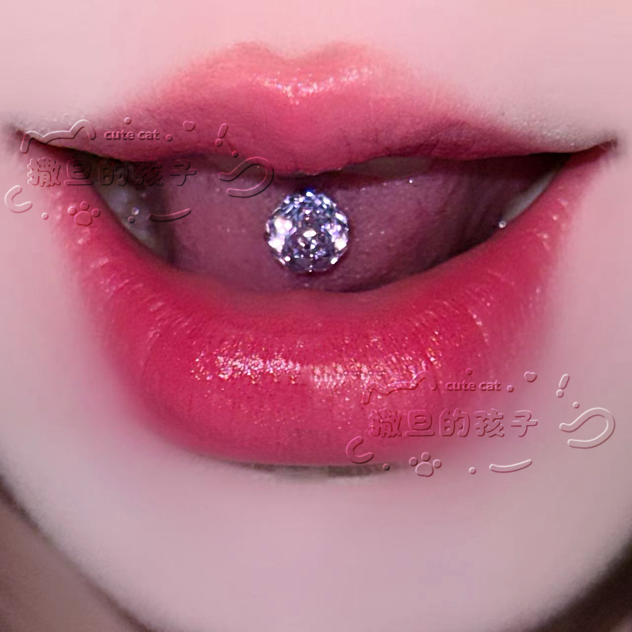 Satan's Child Blue Vine Under the Moon F136 Titanium Alloy Drinking Tongue Piercing, Rose Cut Sparkling Tongue Ring detail image 7