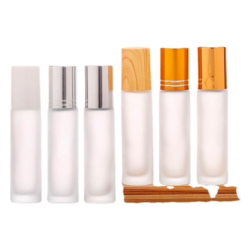 Venta al por mayor 5ml 10ml vidrio esmerilado grano de madera cubierta de bola de rodillo botella de cuentas cosmética aceite esencial perfume sub-botella