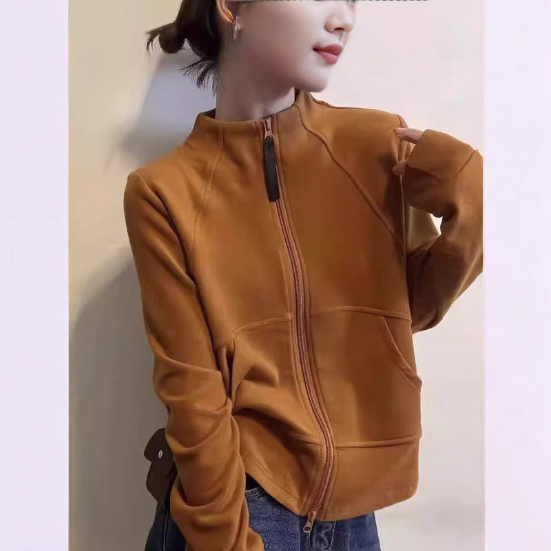 2026 Trendy Orange Double-Zip Velvet Sweatshirt for Women with Small Stand-Up Collar and Patchwork Design, Niche Brushed Fleece Cardigan Jacket
